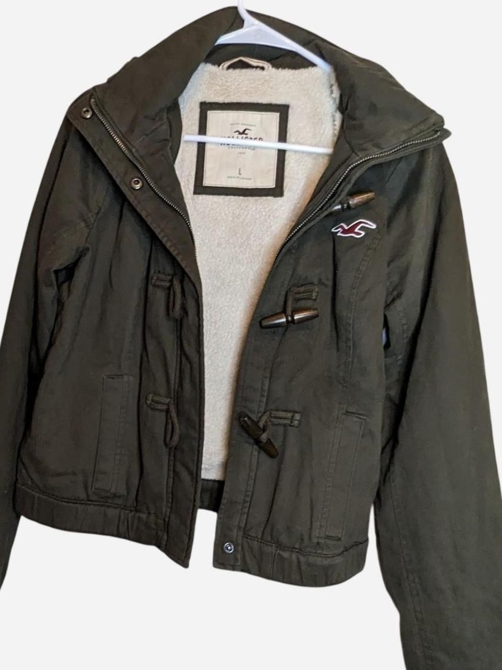 Vintage Hollister Sherpa Lined Olive Green Toggle Bomber Jacket Hooded Size L